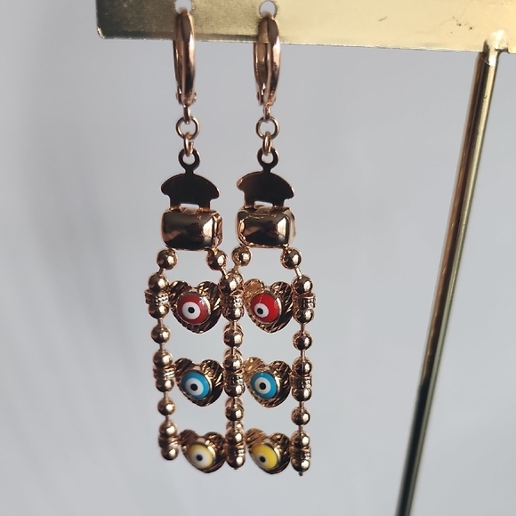 Gold Evil Eye Dangle Earrings - Picture 3 of 4